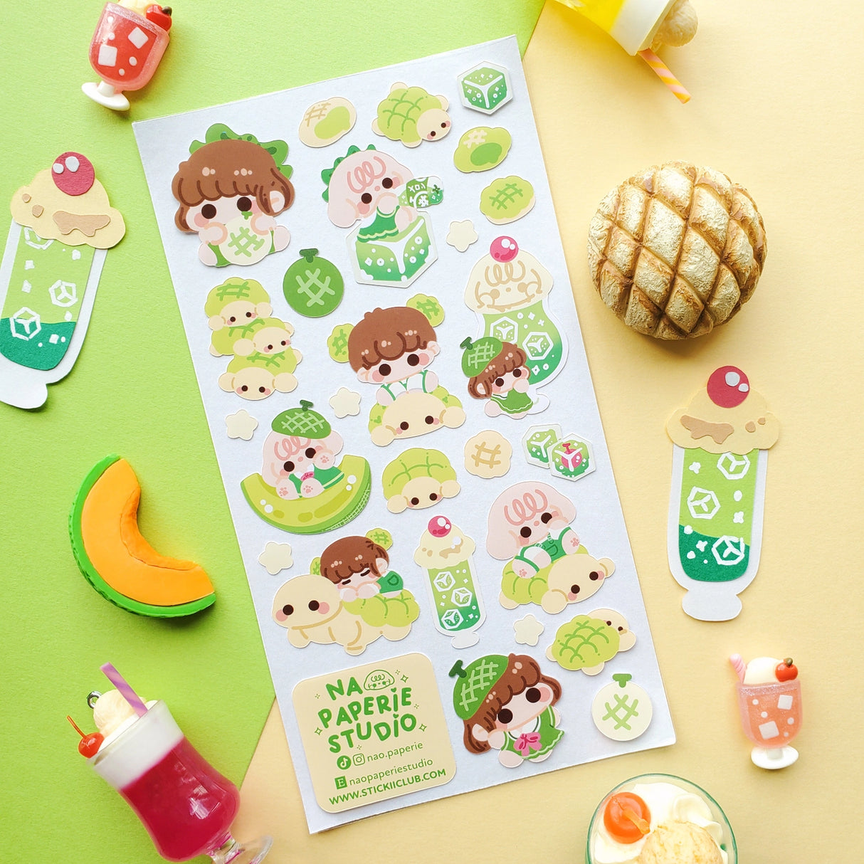 🍈🧃 Craving something delish and refreshing? From bubbly drinks to fluffy buns, look no further than @nao.paperie’s kawaii crew. Packed with fizzy melon sodas, turtle-shaped melonpan, honeydew slices, and the sweetest melon-loving friends.
Art by: @nao.paperie
Top Coating: None
Adhesive Layer: Paper
Backing Layer: Clear PET
6.69" x 3.54".
Weight - 0.03lbs.
1 sheet included 