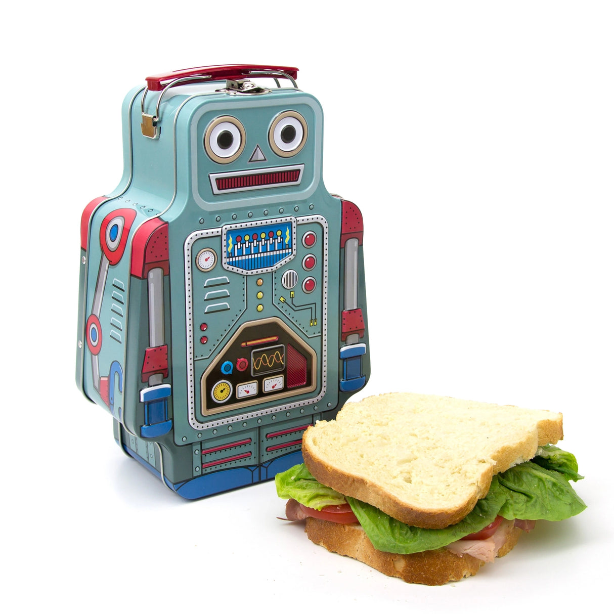 Keep your food safe and secure in this retro lunchbox.
There's plenty of space in the Lunch-Bot for all the essentials - sandwiches, fruit and even a sneaky chocolate bar! Make mealtimes and your lunchtime fun again with this great alternative to typical lunchboxes.