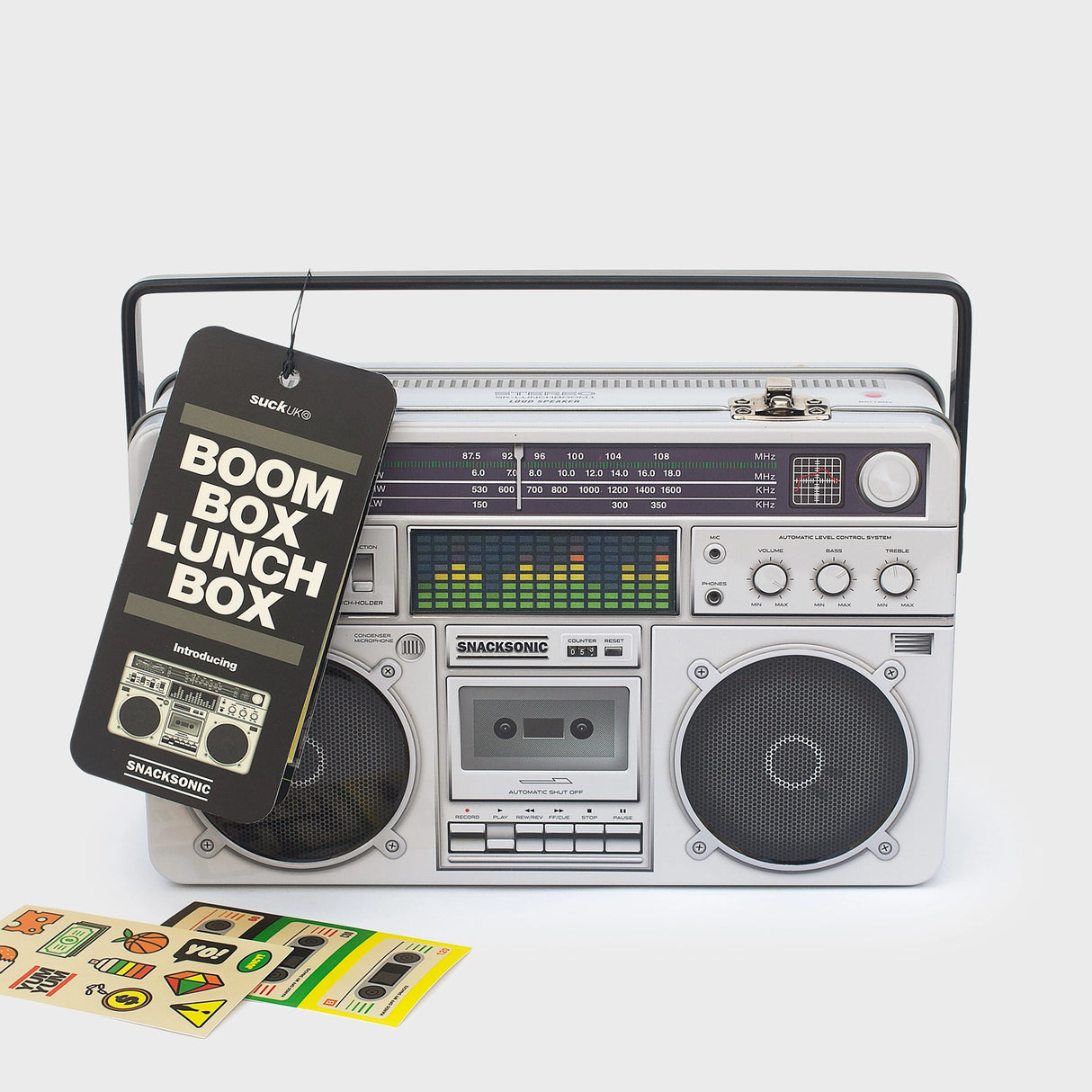 Cool kids bring their own lunch. The coolest kids carry lunch like it's 1989 and you're a street-wise New-York Hip-Hop kid. A classic tin lunch box disguised as a super cool retro ghetto blaster. Big enough for a good size packed lunch and fun enough for both kids and adults. Experience the nostalgia of the 80s. Keep your food fresh and organized. This is not just a lunch box, this is a statement of intent!
Durable and built to last the rigours of school.
Animated lenticular graphic equalizer.
Metal