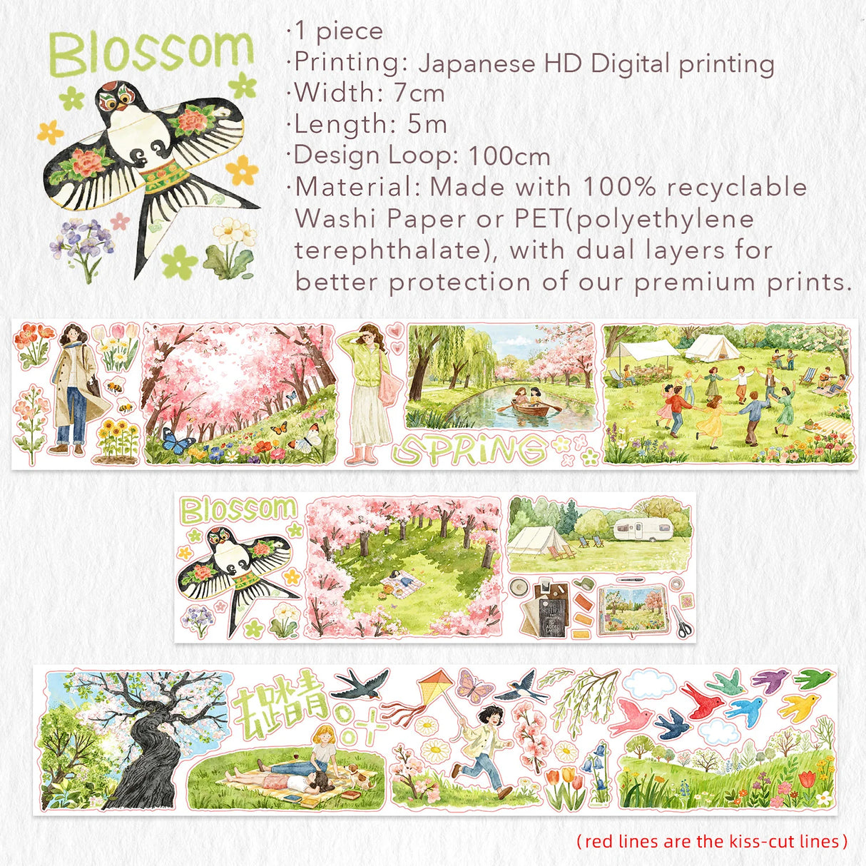 Step into a world where spring never ends. Our Sakura Voyage tape is a panoramic journey through a watercolor dreamland. Featuring hand-painted sceneries of weeping willows swaying in the breeze, vibrant kites dancing in the sky, and soft cherry blossoms in full bloom, every inch tells a story.
Brand: WT ( The Washi Tape Shop)
Pre-cut Wide Washi/PET Tape
Size: 70mm×5m
Design Loop: 100cm
Material: Washi Tape / PET Clear Tape