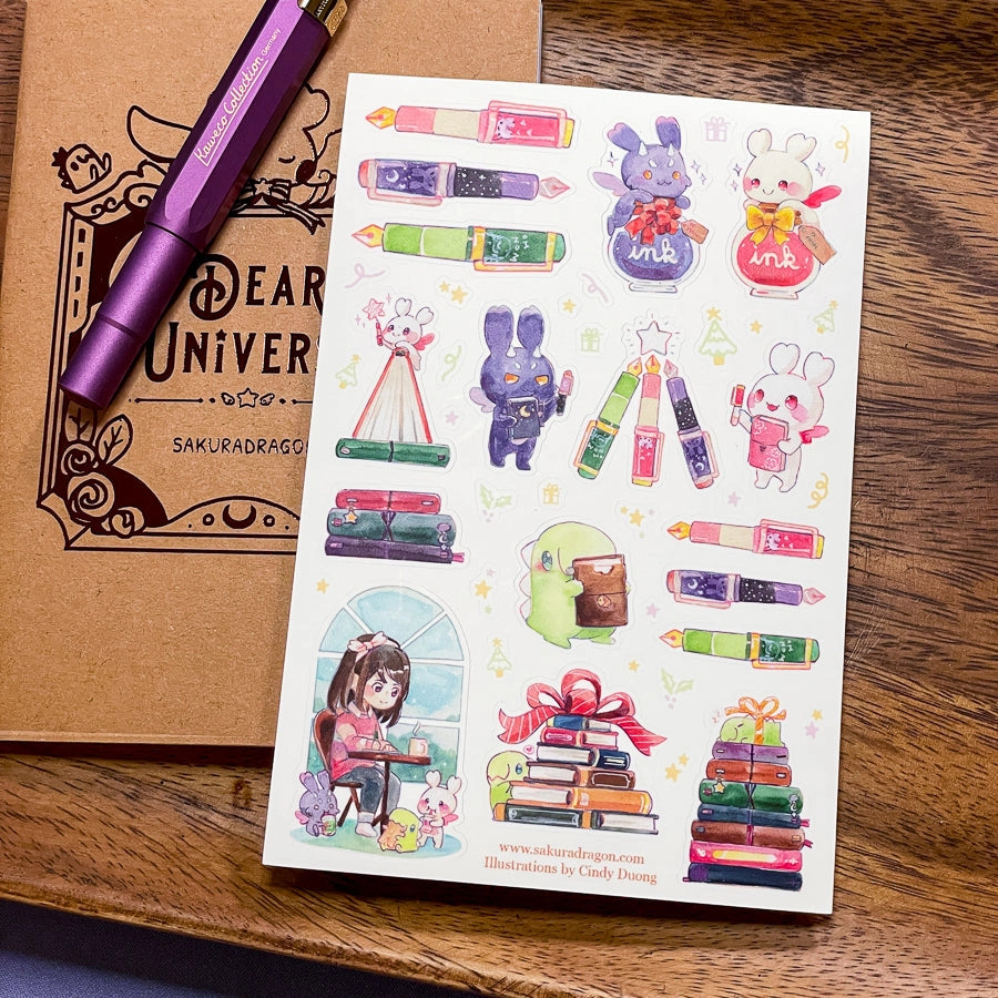With the opening of Enchanted Things Stationery Shop, Tiny RPG Universe is celebrating all things fountain pens and journals (and stationery) this holiday! It's the perfect way to encourage everyone around you to start getting those healthy habits in for the new year!
Dimensions:
4in x 6in sticker sheet with die-cut stickers
Material
Vinyl w/ Matte Finish