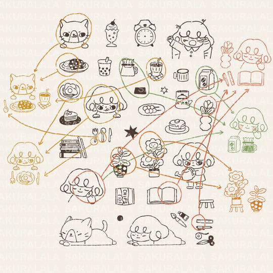 It starts with being woken up by an alarm clock, eating, drinking, watering flowers, enjoying notebook time, reading, and rumbling. Pepper's expression and gestures are very adorable stamps. My partner cat is also cute! It is practical and easy to use as a notebook.
This stamp set is a collaboration between Sakuralala and Love Soup, an Australian artist based in Japan that illustrates pictures of Lazy Girl Pepper. These stamps are the perfect addition for your journal or planner!