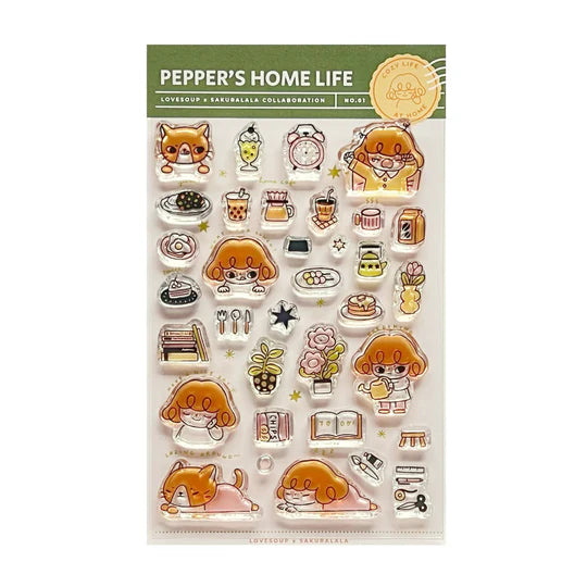 It starts with being woken up by an alarm clock, eating, drinking, watering flowers, enjoying notebook time, reading, and rumbling. Pepper's expression and gestures are very adorable stamps. My partner cat is also cute! It is practical and easy to use as a notebook.
This stamp set is a collaboration between Sakuralala and Love Soup, an Australian artist based in Japan that illustrates pictures of Lazy Girl Pepper. These stamps are the perfect addition for your journal or planner!