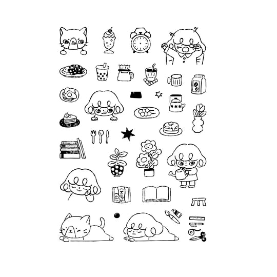 It starts with being woken up by an alarm clock, eating, drinking, watering flowers, enjoying notebook time, reading, and rumbling. Pepper's expression and gestures are very adorable stamps. My partner cat is also cute! It is practical and easy to use as a notebook.
This stamp set is a collaboration between Sakuralala and Love Soup, an Australian artist based in Japan that illustrates pictures of Lazy Girl Pepper. These stamps are the perfect addition for your journal or planner!