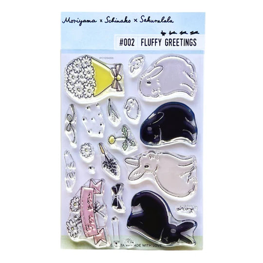 This collaboration with Moriyama, who has a wonderful shop in Ota Ward, Tokyo, and Shiko Moriyama, an illustrator who draws adorable rabbits.
"Fluffy Greetings" is a clear stamp that allows you to make rabbit cards. Since it is a large stamp, it can be printed in a notebook or journal as a cute accent. The stamps of the two large rabbits are divided into a base outline stamp and a coloring stamp that serves as a pattern.