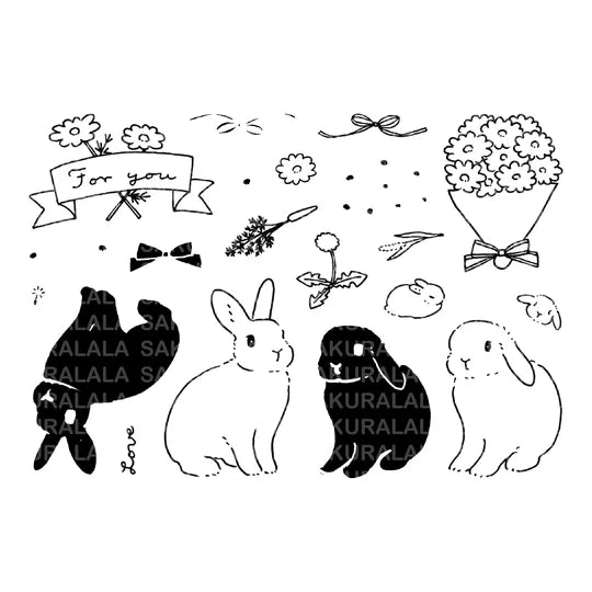 This collaboration with Moriyama, who has a wonderful shop in Ota Ward, Tokyo, and Shiko Moriyama, an illustrator who draws adorable rabbits.
"Fluffy Greetings" is a clear stamp that allows you to make rabbit cards. Since it is a large stamp, it can be printed in a notebook or journal as a cute accent. The stamps of the two large rabbits are divided into a base outline stamp and a coloring stamp that serves as a pattern.