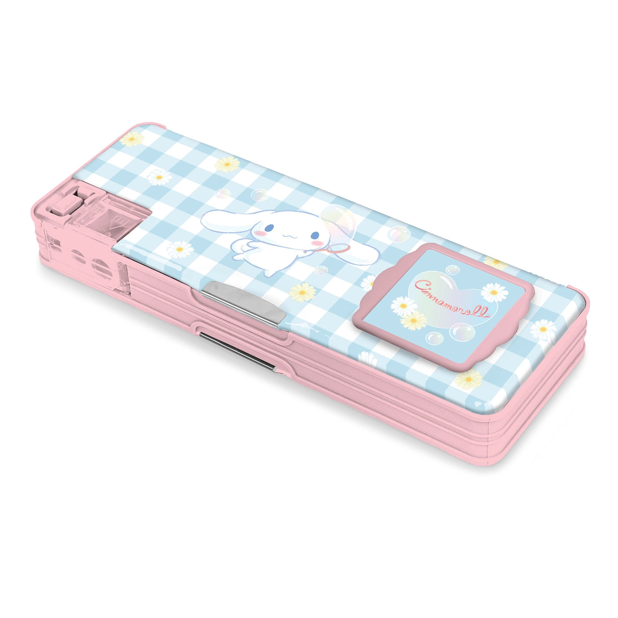 Stay organized with this Cinnamoroll™ Pencil Case! It features two roomy compartments, a flip-up calculator, a pencil sharpener, and a magnetic closure. With plenty of storage space and a sweet gingham-and-daisies design, it's perfect for school, study sessions, or gifting to a Sanrio fan