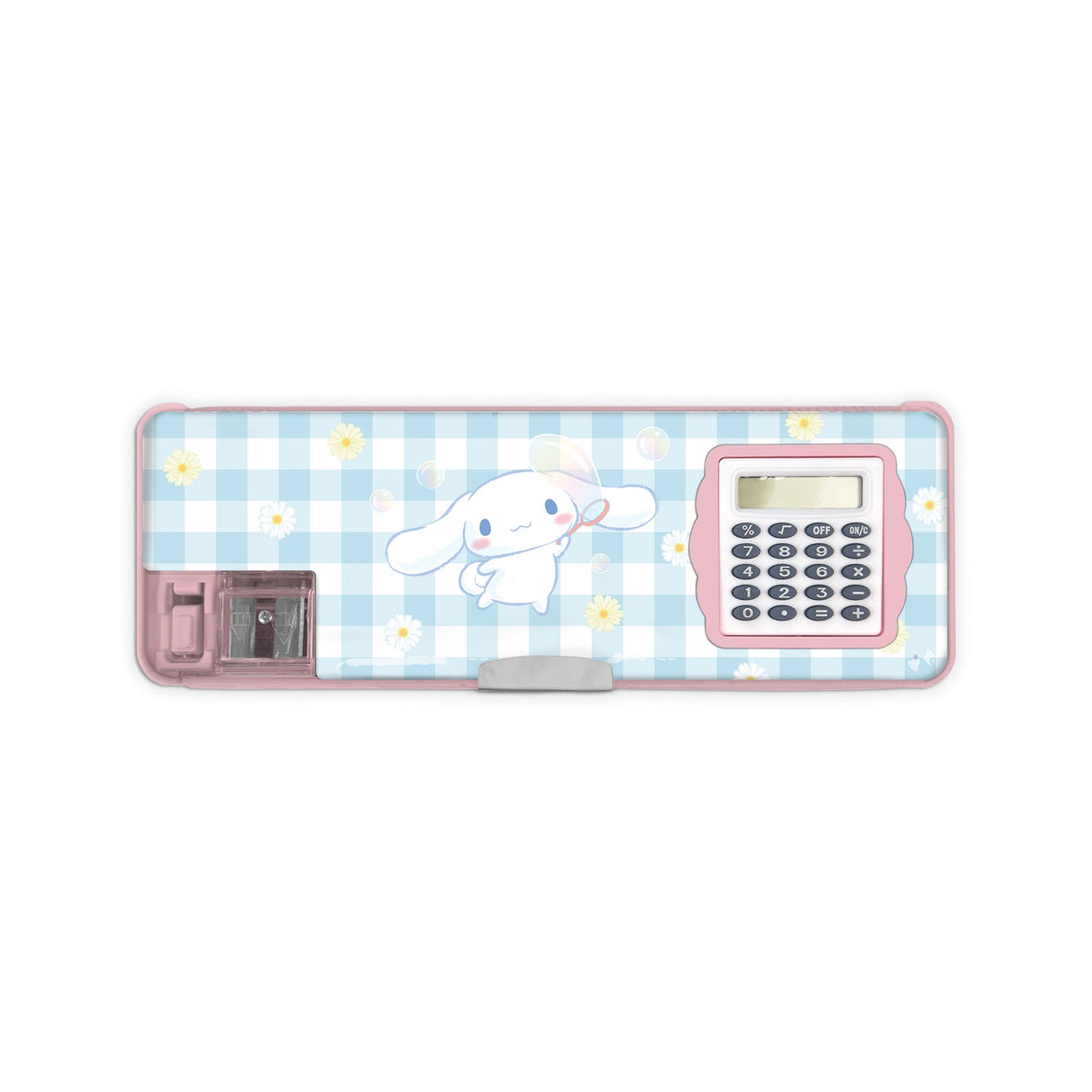 Stay organized with this Cinnamoroll™ Pencil Case! It features two roomy compartments, a flip-up calculator, a pencil sharpener, and a magnetic closure. With plenty of storage space and a sweet gingham-and-daisies design, it's perfect for school, study sessions, or gifting to a Sanrio fan