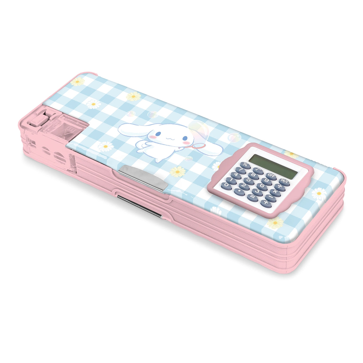 Stay organized with this Cinnamoroll™ Pencil Case! It features two roomy compartments, a flip-up calculator, a pencil sharpener, and a magnetic closure. With plenty of storage space and a sweet gingham-and-daisies design, it's perfect for school, study sessions, or gifting to a Sanrio fan