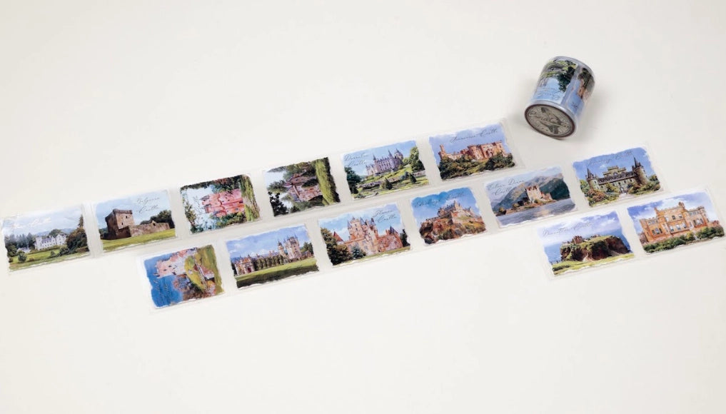 A stunning decorative tape featuring iconic Scottish landscapes in intricate detail. The glossy finish adds a sophisticated shine, perfect for infusing your creative projects with moody charm. This 5cm x 5m tape comes with a 100cm loop, foiled accents, and pre-cut for easy use.