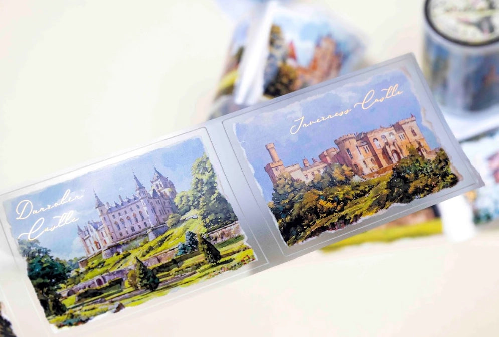 A stunning decorative tape featuring iconic Scottish landscapes in intricate detail. The glossy finish adds a sophisticated shine, perfect for infusing your creative projects with moody charm. This 5cm x 5m tape comes with a 100cm loop, foiled accents, and pre-cut for easy use.
