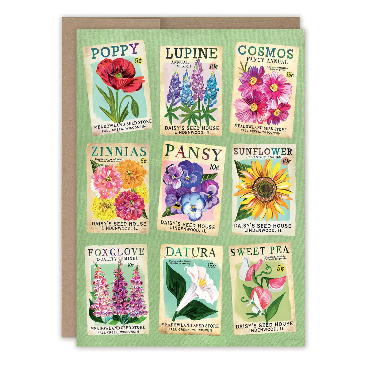 Seed Packets Blank Card
Card is blank inside with art.
• Size: A6, 4.6" x 6.4"
• Illustrated by Katie Daisy
• Full-color inside
• Paired with a Brown Kraft envelope
• Printed in the USAInside verse: Have a delightful birthday!
About The Artist: Katie Daisy was raised by the birds and warm breezes of small-town Lindenwood, Illinois, brought up among the wildflowers with roots planted deeply in the natural world. She found her voice and honed her skills at the Minneapolis College of Art and Design, graduat