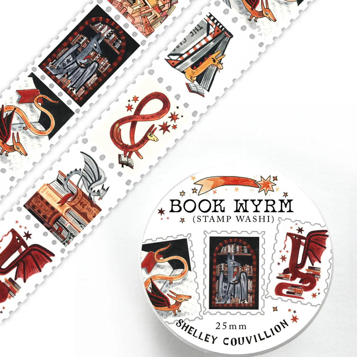 Book Wyrm Stamp Washi Tape – Dragons Who Hoard Books!
📚🐉 Why hoard gold when you can hoard books?
Meet the Book Wyrms — wise, whimsical dragons who’ve traded their treasure chests for full bookshelves. Perfect for bookworms, dragon lovers, fantasy fans, and anyone whose TBR pile is starting to look a little monstrous (in the best way).
💌 Stamp-Style Design
This tape is designed with individual stamp-like panels, making it great for cutting and using like stickers — ideal for journaling, snail mail, or a