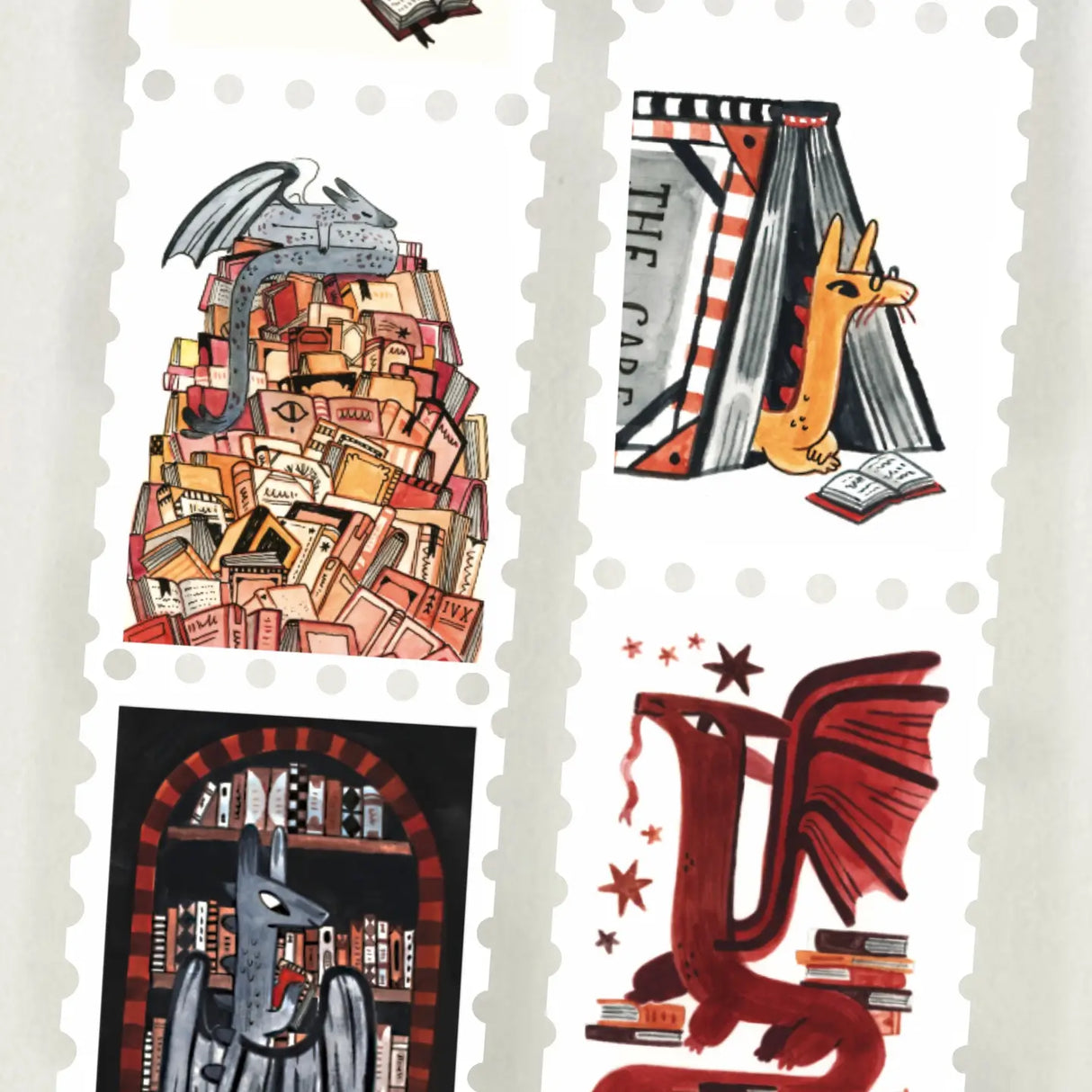 Book Wyrm Stamp Washi Tape – Dragons Who Hoard Books!
📚🐉 Why hoard gold when you can hoard books?
Meet the Book Wyrms — wise, whimsical dragons who’ve traded their treasure chests for full bookshelves. Perfect for bookworms, dragon lovers, fantasy fans, and anyone whose TBR pile is starting to look a little monstrous (in the best way).
💌 Stamp-Style Design
This tape is designed with individual stamp-like panels, making it great for cutting and using like stickers — ideal for journaling, snail mail, or a