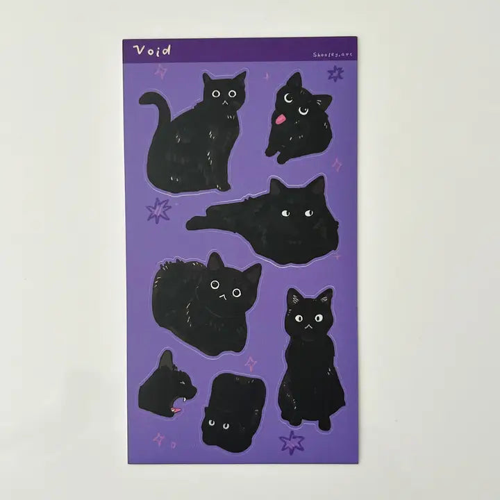 Shooley - Black Cat Vinyl Sticker Sheet
Matte vinyl sticker sheet.
Size: ~ 4 x 6 inches (10cm x 15cm), backing card 4 x 6.7 inch.
Each sticker sheet comes packaged in a sleeve with backing card.