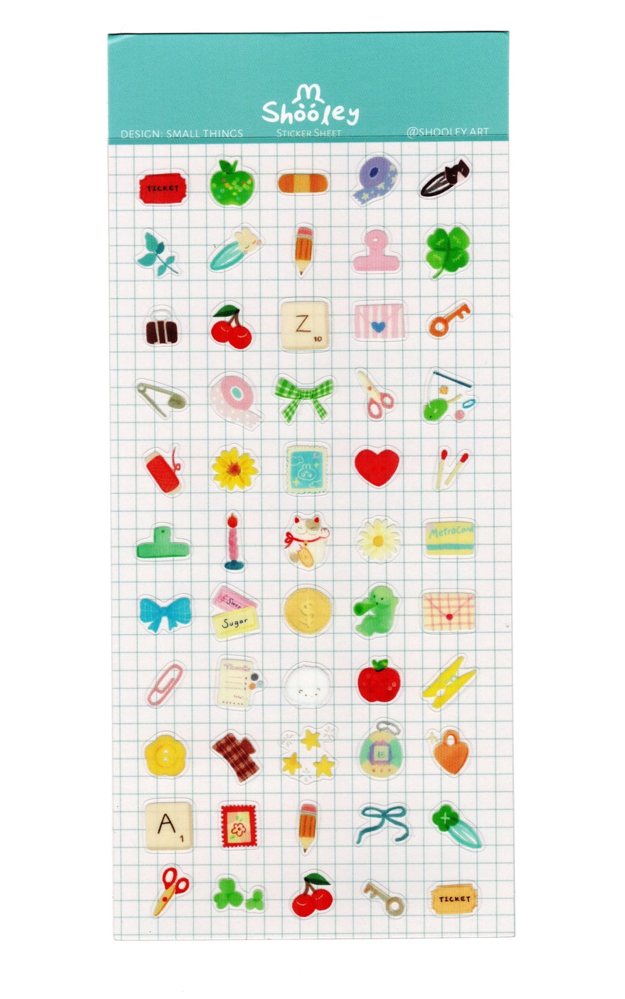 Shooley Small Things Sticker Sheet
Clear vinyl sticker sheet. Each sheet comes with a backing card. Sticker material is water resistant.