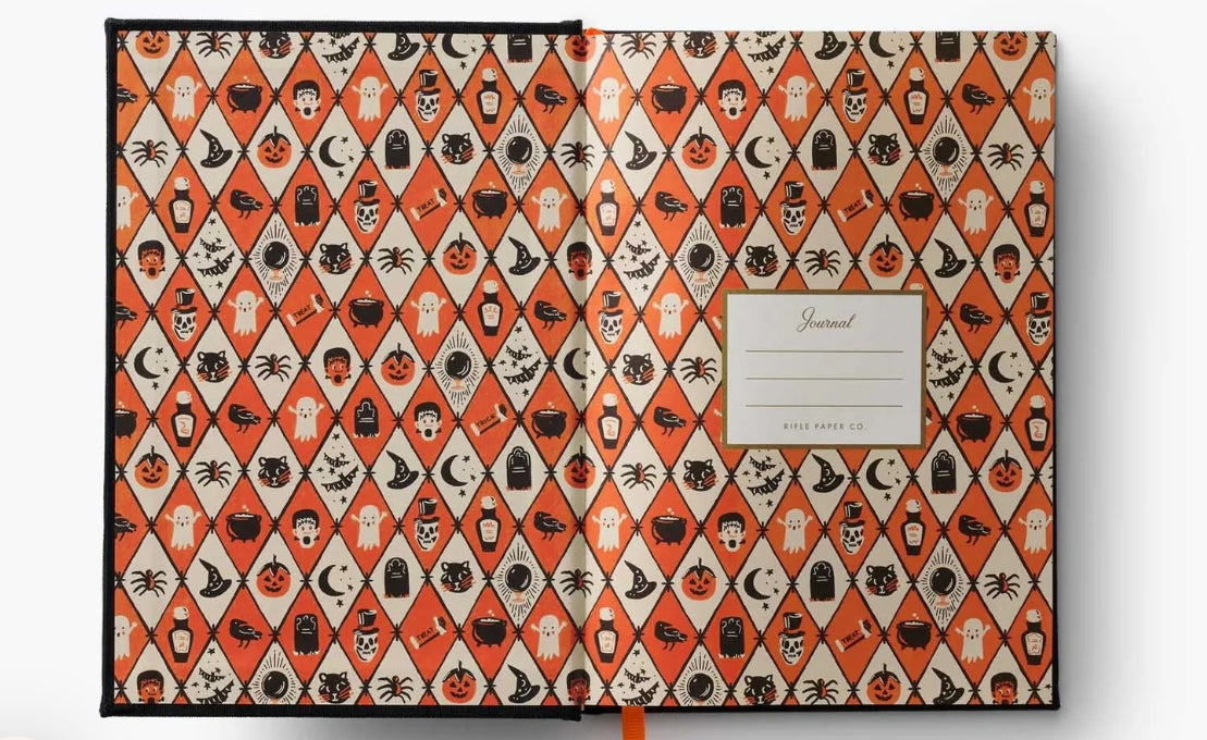 With Halloween embroidery on a corduroy cover, this journal features 400 lined pages and a grosgrain ribbon bookmark to save your place