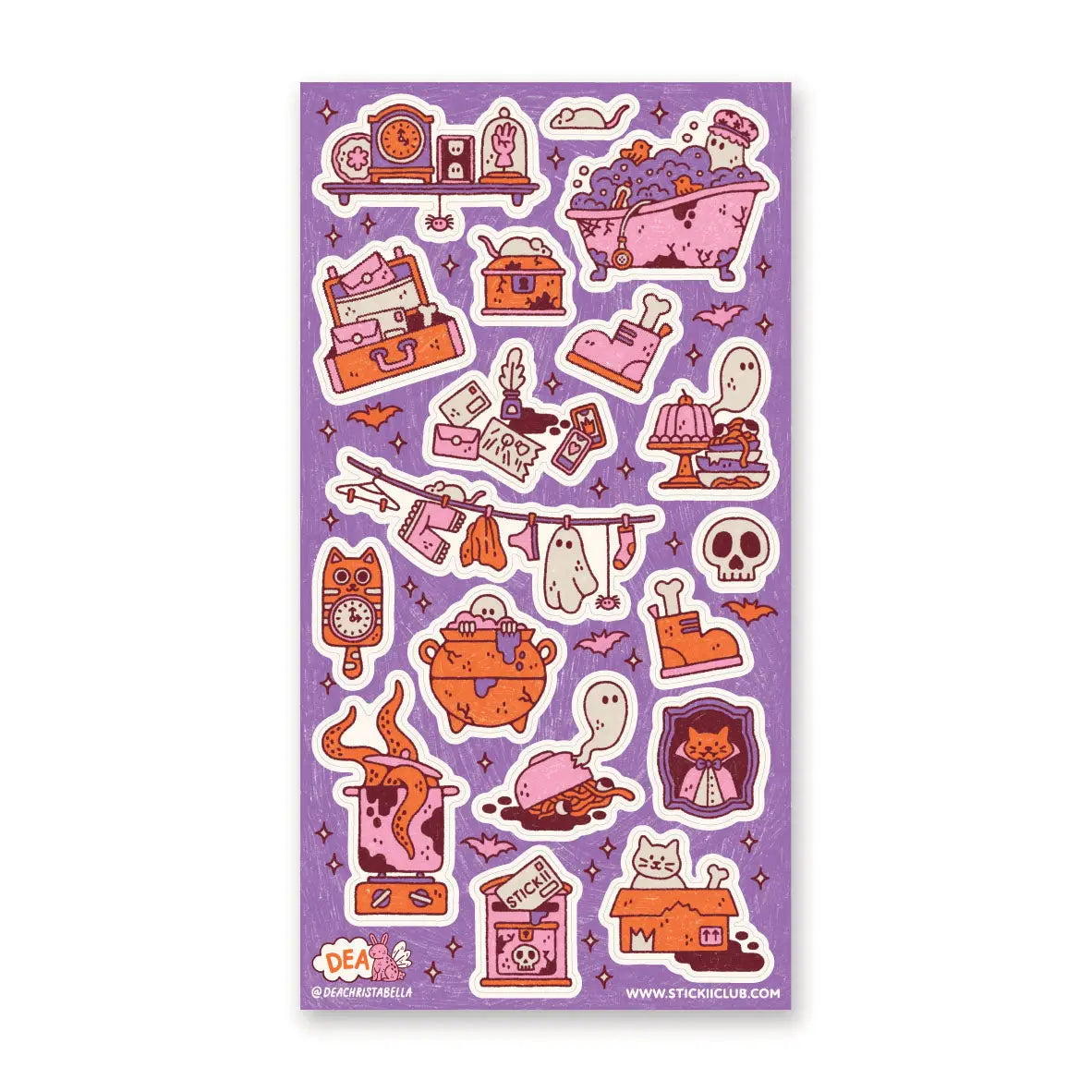 🛁🕯️ Step inside the coziest haunted home with @deachristabella’s delightfully spooky set! From bubbly ghost baths and simmering cauldrons to enchanted laundry lines, curious trinkets, and potion-splashed furniture, every sticker is brimming with charming haunted-house chaos. This magical little abode is packed with cozy creeps, playful spells, and all the comforts of spooky living.
Art by: @deachristabella
Top Coating: None
Adhesive Layer: Paper
Backing Layer: Clear PET
6.69" x 3.54".
Weight - 0.03lbs.