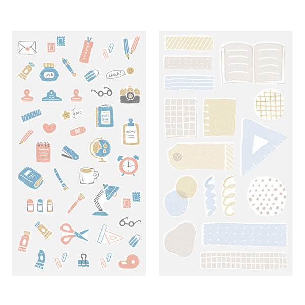 The "stationery pattern" with a soft touch like colored pencils can be arranged by layering nostalgic stationery and notebook motifs.
A wide variety of sticker designs to use with your notebook
These peel-and-stick washi stickers will make your daily records more fun. Simply stick them freely on the margins of your notebook to create a gorgeous page. It comes in a pack of 2 sheets, a small size that is perfect for monthly blocks and a large size that is convenient for filling in the blanks.