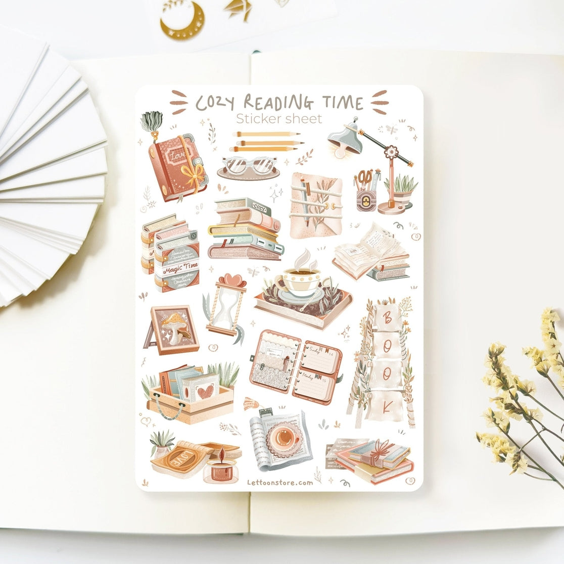 Hoja de pegatinas para un momento de lectura acogedor