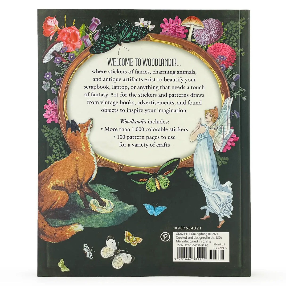 Sticker Emporium: Woodlandia Sticker Book Back cover of a book with illustrations of fairies, animals, and flowers on a black background.