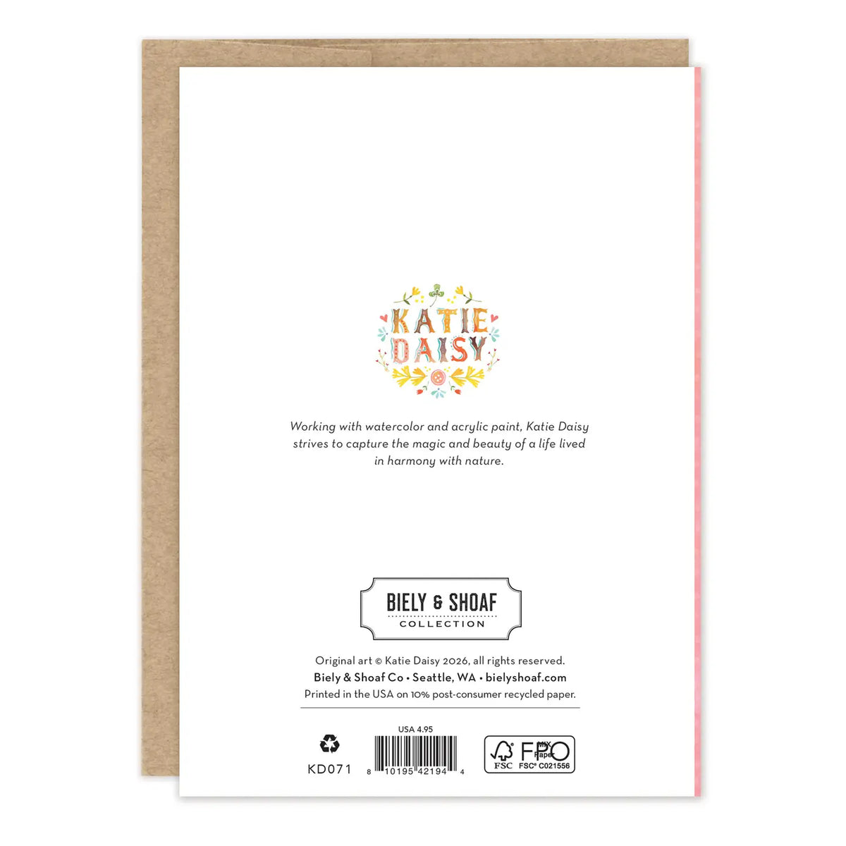 Storybook Enchanted Birthday Card
Inside verse: Wishing you a storybook day!
• Gold foil details
• Illustrated by Katie Daisy
• Pre-priced
• Size: A6, 4.5" x 6.25"
• Paired with a kraft envelope
• Printed in the USA on beautiful FSC-certified 10% post-consumer waste recycled paper.
• Eco-friendly, 100% recyclable
• Plastic-free packaging
About The Artist: Katie Daisy was raised by the birds and warm breezes of small-town Lindenwood, Illinois, brought up among the wildflowers with roots planted deeply in