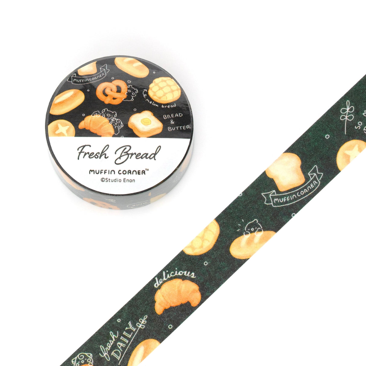 Cute washi tape featuring fresh baked bread with a cafe menu chalkboard.
This washi tape is great for arts and crafts or embellishing your journals.
• Dimensions: 0.6" x 32.8’ (1.5cm x 10m)
*Please note that color may differ slightly depending on device display.