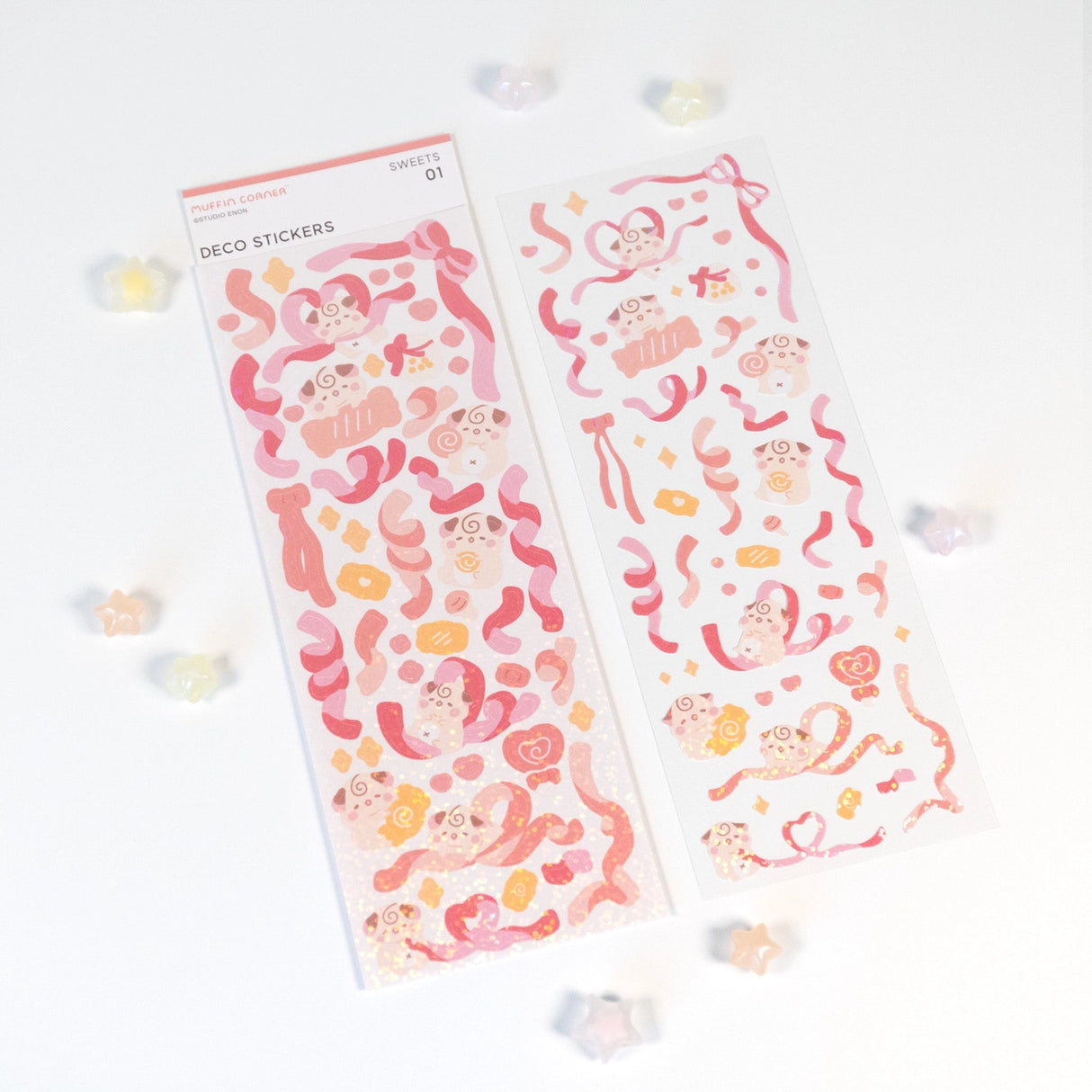 The Cocoroll Sweets deco sticker sheet features Cocoroll surrounded by adorable candies. Available in pink and purple versions, these cute deco stickers are the perfect addition to any polaroids/toploaders, journals, and more. The sparkly holo overlay adds an extra touch of shine and magic.
Dimensions: 2.7” x 8" (6.8cm x 20.5cm)
Quantity: 1 sheet