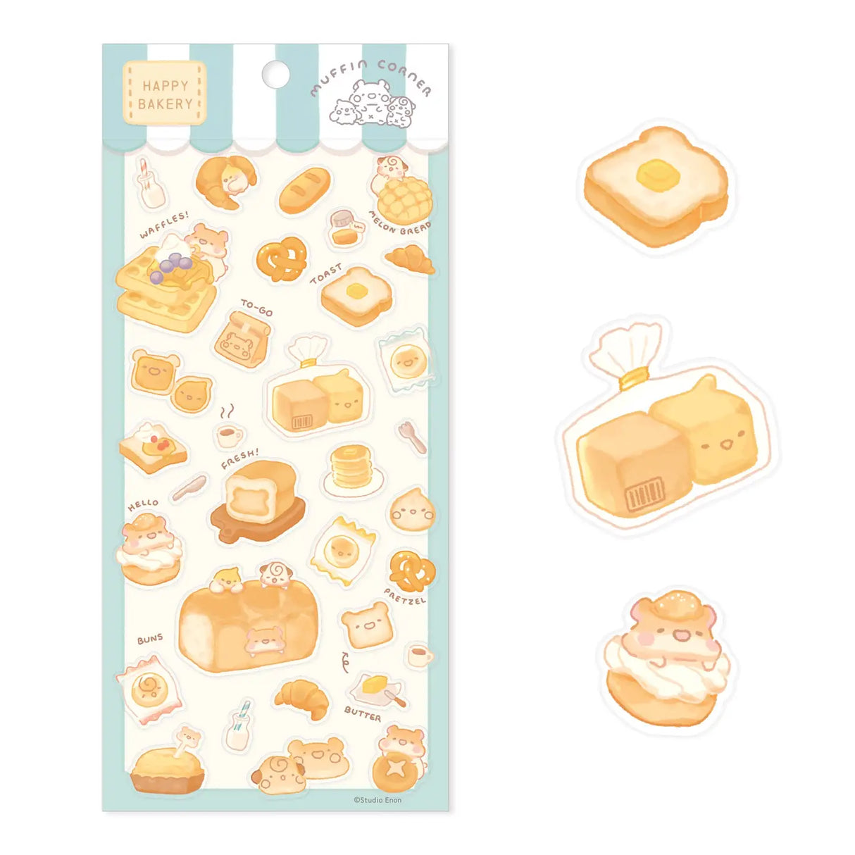 The Happy Bakery sticker collection features Muffinmaru and friends alongside delicious baked goods. This sticker sheet is filled with freshly baked bread, perfect for adding a sprinkle of cuteness to your planner or journal.
Dimensions: 3.5" x 7.8" (9cm x 20cm)
Material: PET
Quantity: 1 sheet
