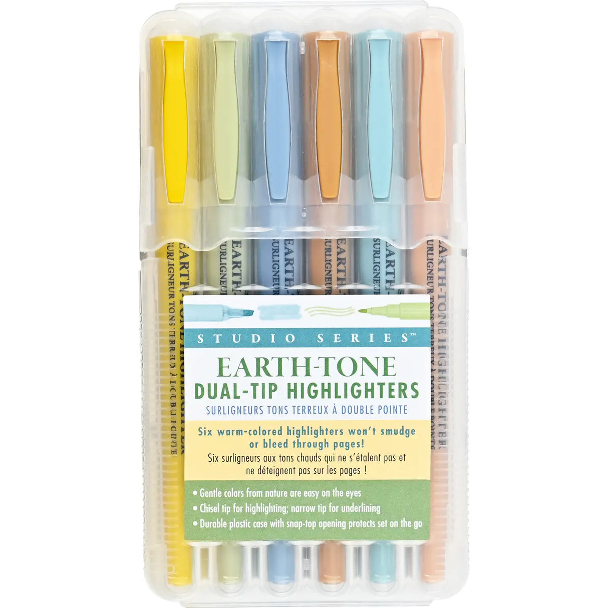 Studio Series Dual-Tip Set of 6 Highlighters - Earth-Tone
Beautiful earth-tone highlighters won't smudge or bleed, even through the thinnest of pages! Set of 6 highlighters. Versatile dual tips. Broad chisel tip for highlighting. Narrow tip for underlining.
Uniquely formulated waxy highlighters are bleed- and feather-resistant, even on thin pages in Bibles, magazines, textbooks, and more. Vibrant pigment ink. Gentle colors from nature are easy on the eyes. Perfect for planners, handwritten notes, document