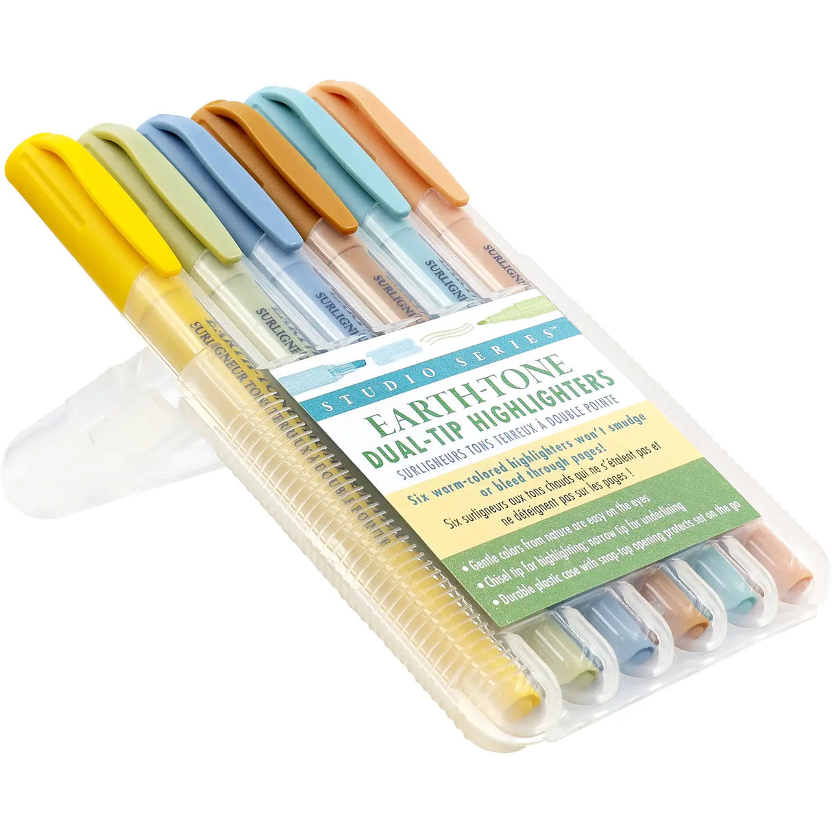 Studio Series Dual-Tip Set of 6 Highlighters - Earth-Tone
Beautiful earth-tone highlighters won't smudge or bleed, even through the thinnest of pages! Set of 6 highlighters. Versatile dual tips. Broad chisel tip for highlighting. Narrow tip for underlining.
Uniquely formulated waxy highlighters are bleed- and feather-resistant, even on thin pages in Bibles, magazines, textbooks, and more. Vibrant pigment ink. Gentle colors from nature are easy on the eyes. Perfect for planners, handwritten notes, document