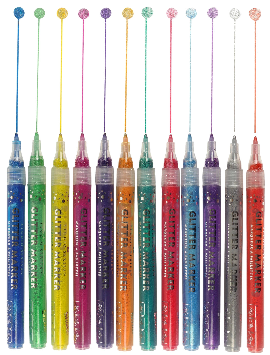 Add sparkle to your art projects with Glitter Markers in 12 dazzling colors!
Ultra-glittery markers! Fine 0.7mm bullet tips. Water-based ink. 12 vibrant colors. Inks look best on light-colored backgrounds.
TO START INK FLOW: Gently shake marker. Uncap. Press tip down against a surface until ink flows to tip, then draw. Recap marker right away when finished.
Each marker measures 5-1/4'' in length.
Set comes in a sturdy plastic storage case that keeps markers safe and organized on the go.
Case measures 6''