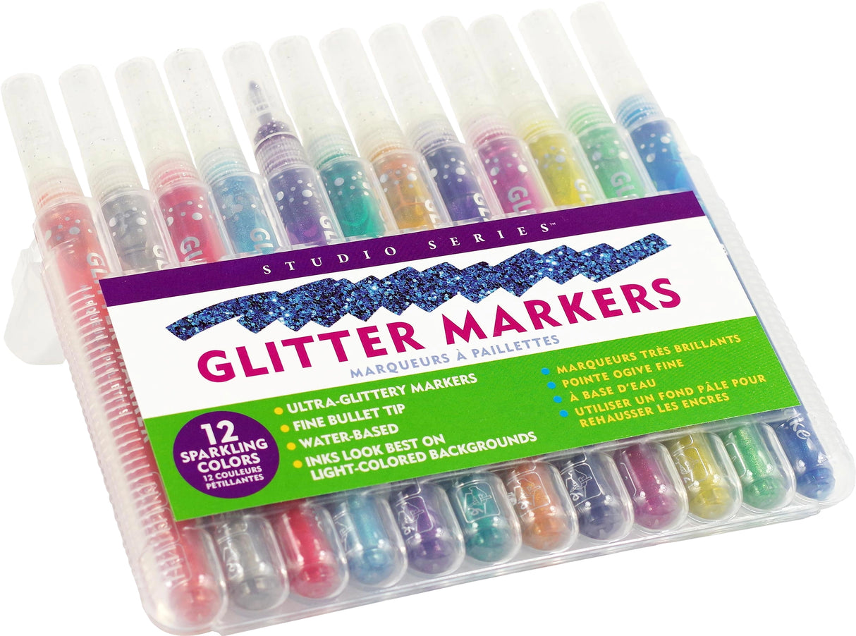Add sparkle to your art projects with Glitter Markers in 12 dazzling colors!
Ultra-glittery markers! Fine 0.7mm bullet tips. Water-based ink. 12 vibrant colors. Inks look best on light-colored backgrounds.
TO START INK FLOW: Gently shake marker. Uncap. Press tip down against a surface until ink flows to tip, then draw. Recap marker right away when finished.
Each marker measures 5-1/4'' in length.
Set comes in a sturdy plastic storage case that keeps markers safe and organized on the go.
Case measures 6''