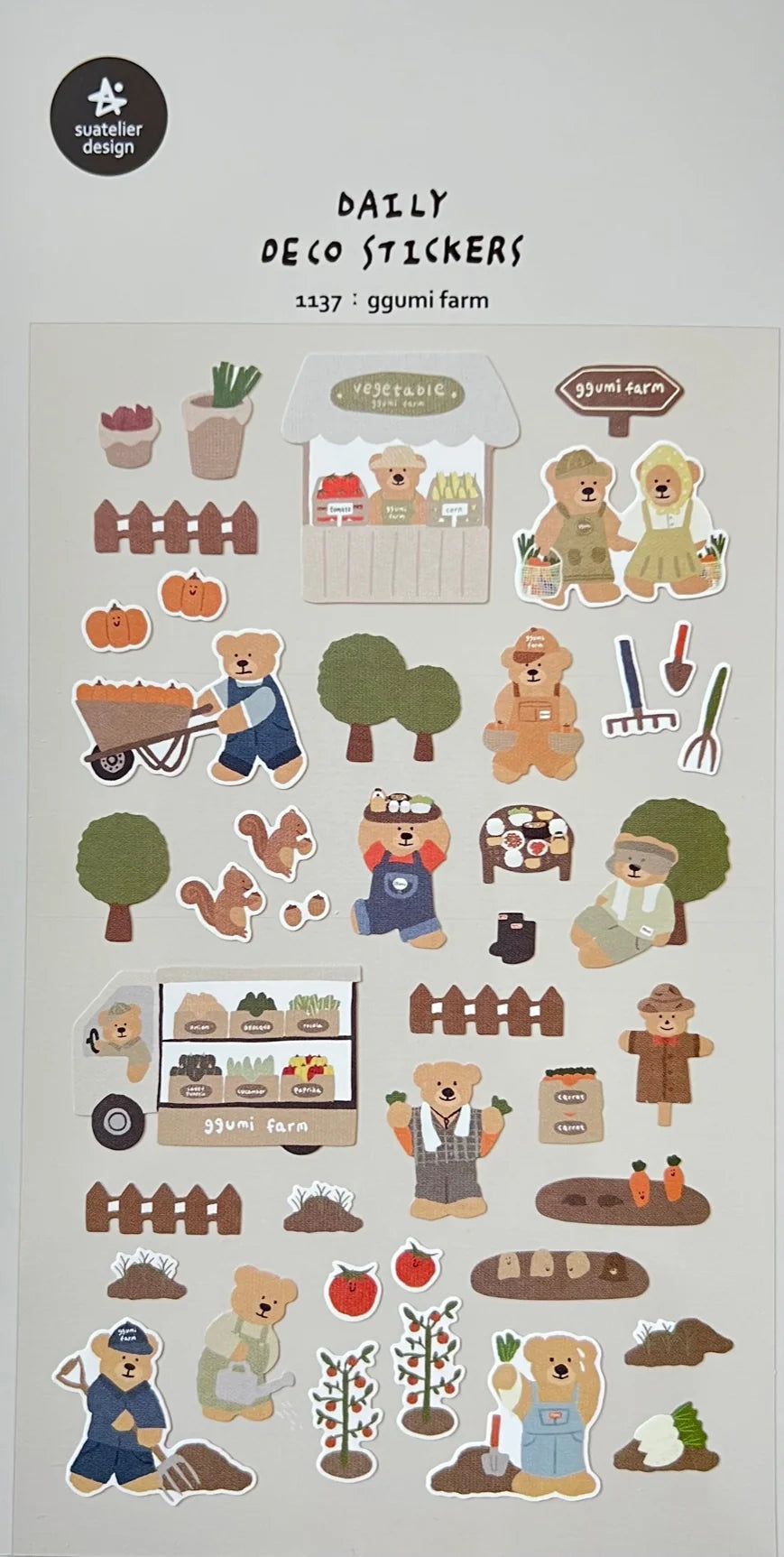 Suatelier - Ggumi Farm Sticker Sheet
The Ggumi Farm sticker sheet from Suatelier captures the charm of farming and the inviting atmosphere of your favorite neighborhood market. Known for their soft colors and playful aesthetic, Suatelier stickers add an instant dose of warmth and whimsy wherever you place them.
Package measures approx. 8" x 3.5"
Includes 1 sticker sheet