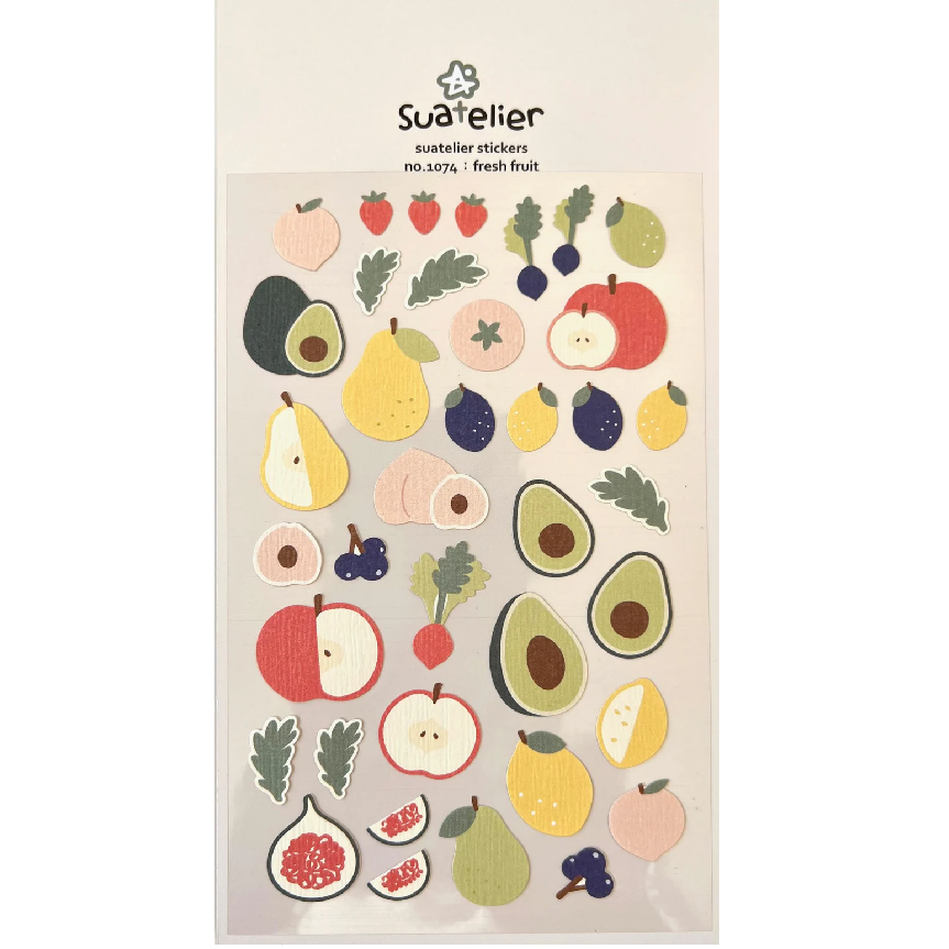 Add a burst of sweetness to your planners, journals, and creative projects with the Suatelier “Fresh Fruit” Sticker Sheet. Known for their soft colors and playful aesthetic, Suatelier stickers add an instant dose of warmth and whimsy wherever you place them.
This charming collection features a mix of vibrant, hand‑drawn fruit designs that bring a cheerful, summery touch to anything you decorate.
• This package includes 1 sheet of sticker
• Package measures approx. 8" x 3.5"