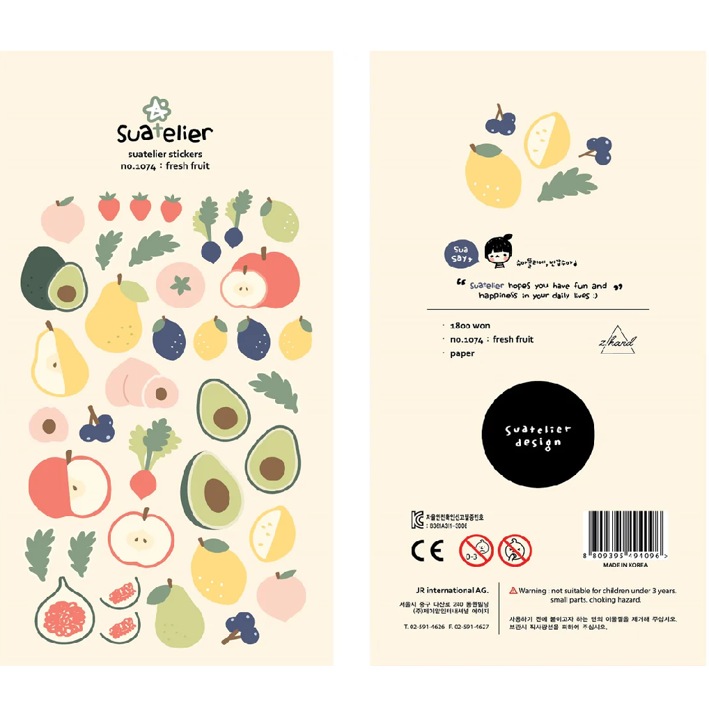 Add a burst of sweetness to your planners, journals, and creative projects with the Suatelier “Fresh Fruit” Sticker Sheet. Known for their soft colors and playful aesthetic, Suatelier stickers add an instant dose of warmth and whimsy wherever you place them.
This charming collection features a mix of vibrant, hand‑drawn fruit designs that bring a cheerful, summery touch to anything you decorate.
• This package includes 1 sheet of sticker
• Package measures approx. 8" x 3.5"