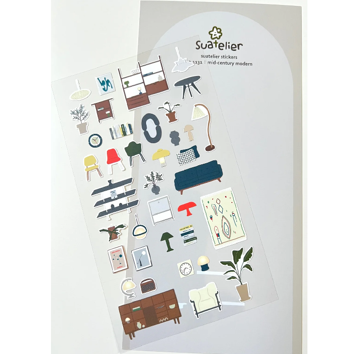 A charming Mid-Century Modern sticker sheet featuring retro furniture, lighting, and decor in warm, earthy tones. Perfect for adding a stylish vintage touch to journals, laptops, and planners.
• This package includes 1 sheet of sticker
• Package measures approx. 8" x 3.5"