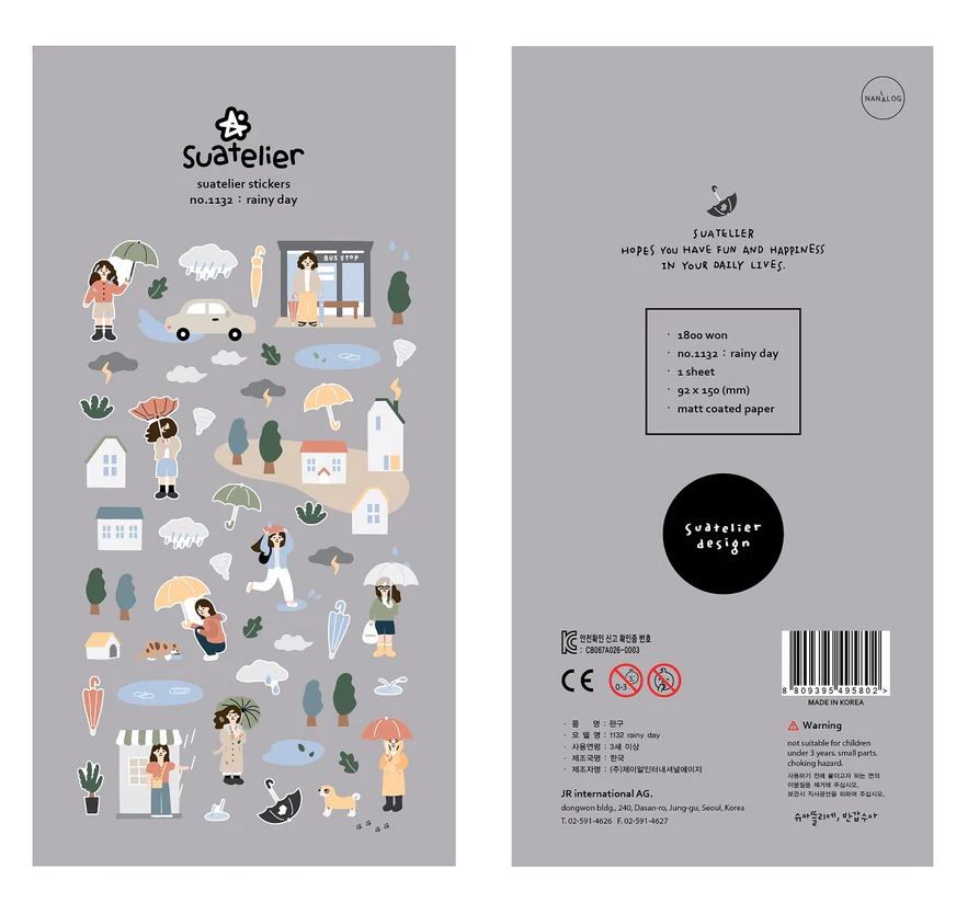Add a soft, cozy touch to your journal or planner with this charming Rainy Day sticker sheet from Suatelier. Featuring gentle colors and whimsical illustrations, this sheet captures the peaceful mood of drizzly days.
• This package includes 1 sheet of sticker
• Package measures approx. 8" x 3.5"