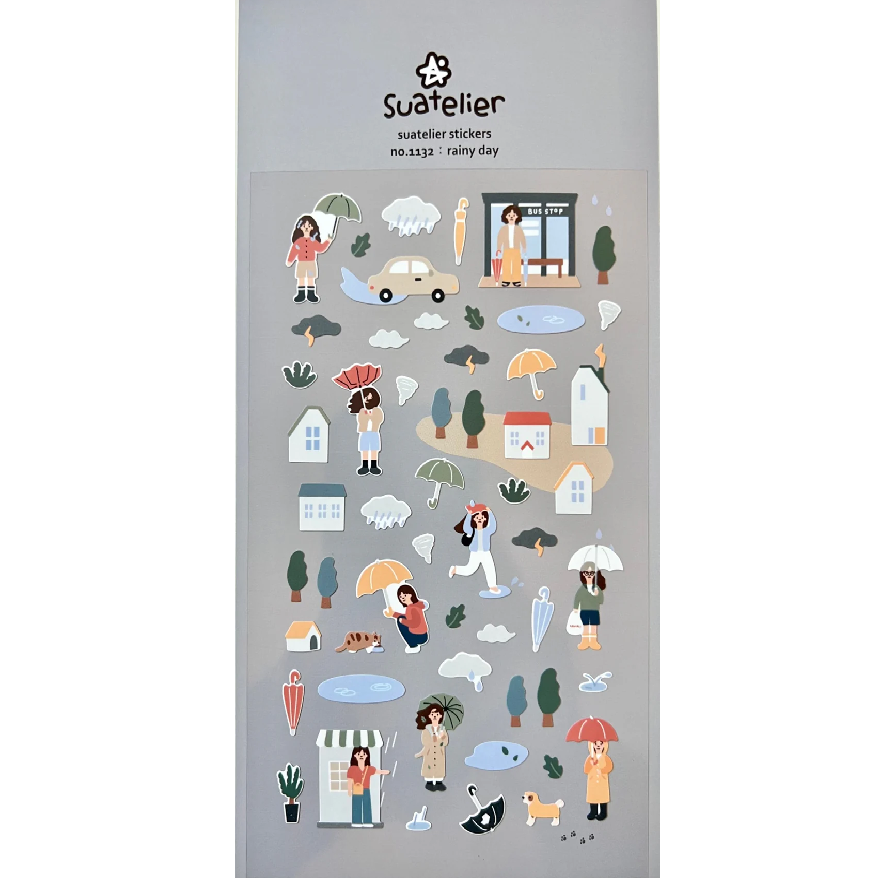 Add a soft, cozy touch to your journal or planner with this charming Rainy Day sticker sheet from Suatelier. Featuring gentle colors and whimsical illustrations, this sheet captures the peaceful mood of drizzly days.
• This package includes 1 sheet of sticker
• Package measures approx. 8" x 3.5"