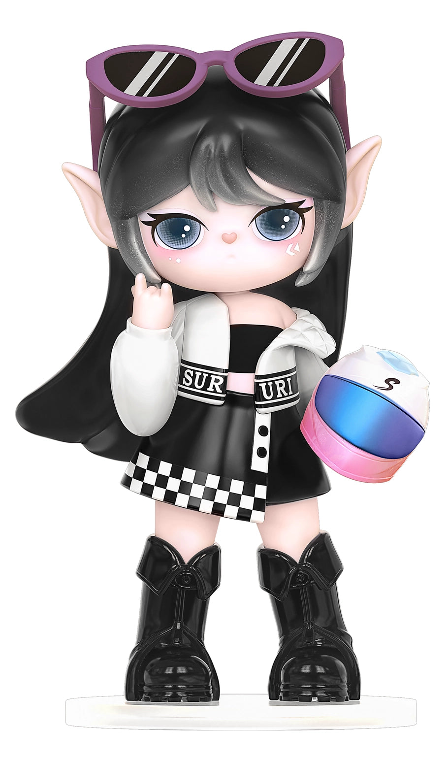 Suri's Colorful Girls Figure Dolls Blind Box Animated character with black hair, sunglasses, and checkered skirt holding a helmet.