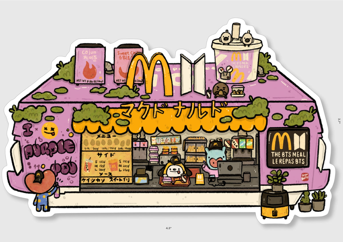 Sushiboiiiyy - BTS Meal Vinyl Sticker
Die cut stickers are roughly 3x3" and are laminated with a Matte finish.