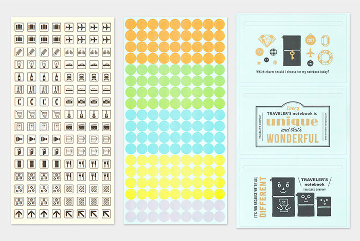 This is a sticker set for customizing your TRAVELER’S notebook that makes it more fun, including index and pocket stickers, icon stickers to represent different plans, dry transfer, and stickers to decorate the cover. The 2027 version features a design that is inspired by “Every TRAVELER’S notebook is unique and that’s wonderful.” You can customize your 2027 diary, and that’s wonderful.