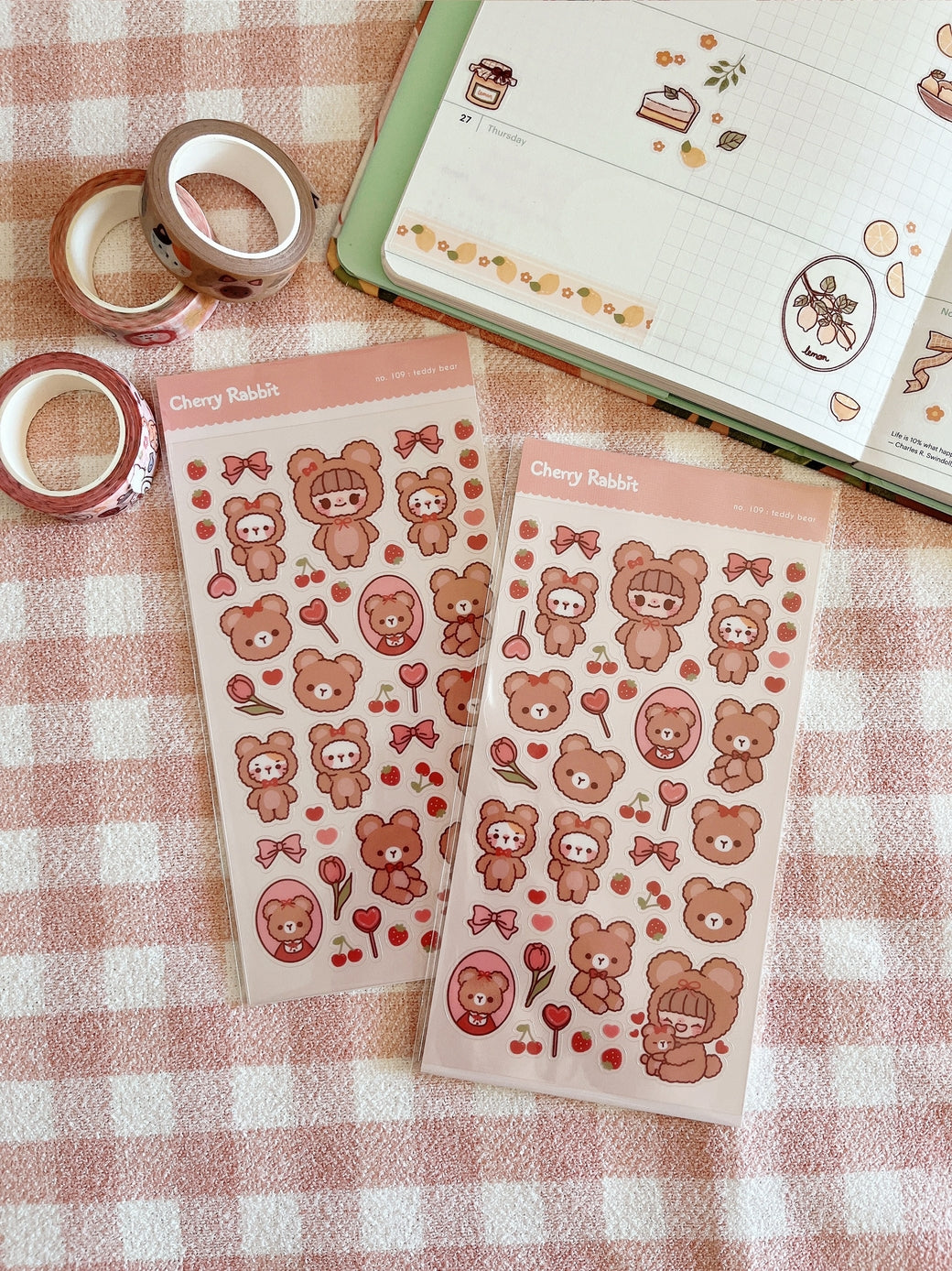 Cherry Rabbit Teddy Bear Sticker Sheet