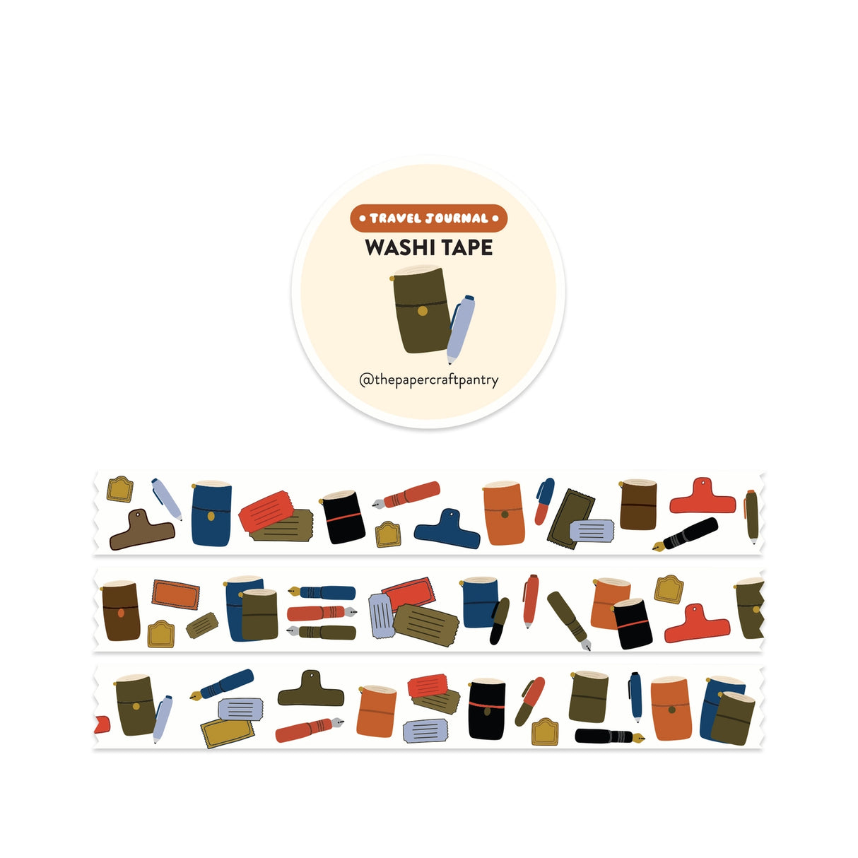 The Paper + Craft Pantry Washi Tape - Travel Journal
This roll of washi tape features travel journals and accessories! Perfect for journaling or adding to your planner!