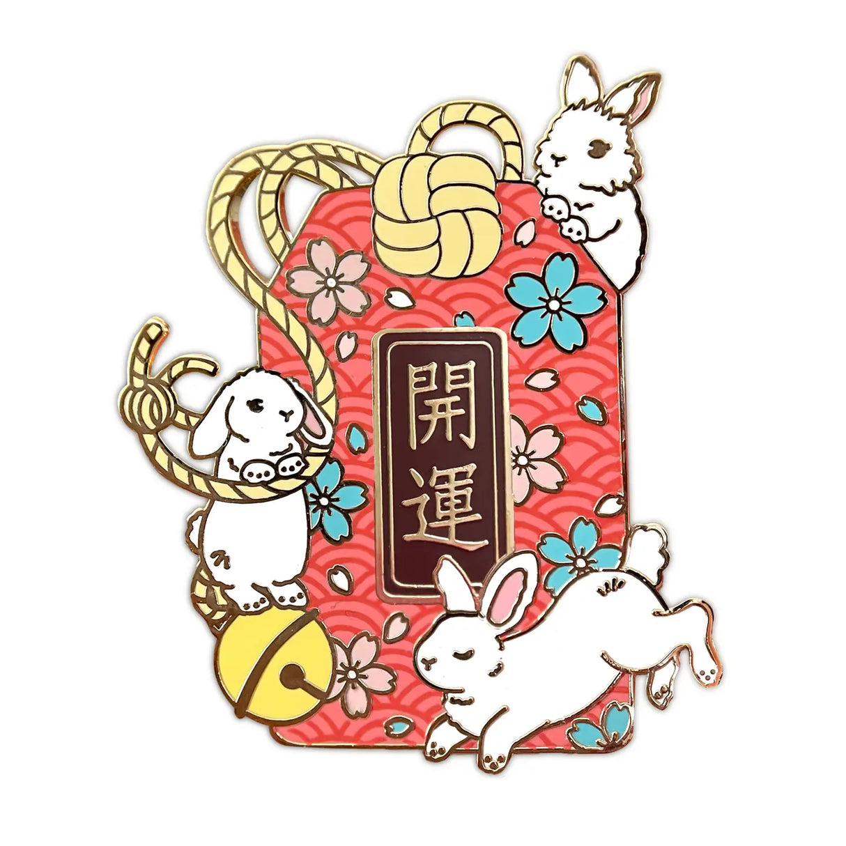 Japanese omamori surrounded by white rabbits! An “omamori” is a good luck charm that is said to provide various forms of luck and protection. These protective charms can come in a variety of different types including luck for health, school, work, or love! This charm has the word “Kaiun” 開運 on it which means “better fortune” or a general “good luck” interpretation.
✦ Hard enamel
✦ Shiny gold metal
✦ 2 inches
✦ 2 Posts for extra security
✦ Rubber backings
✦ Back stamped for authenticity
Comes packaged on a