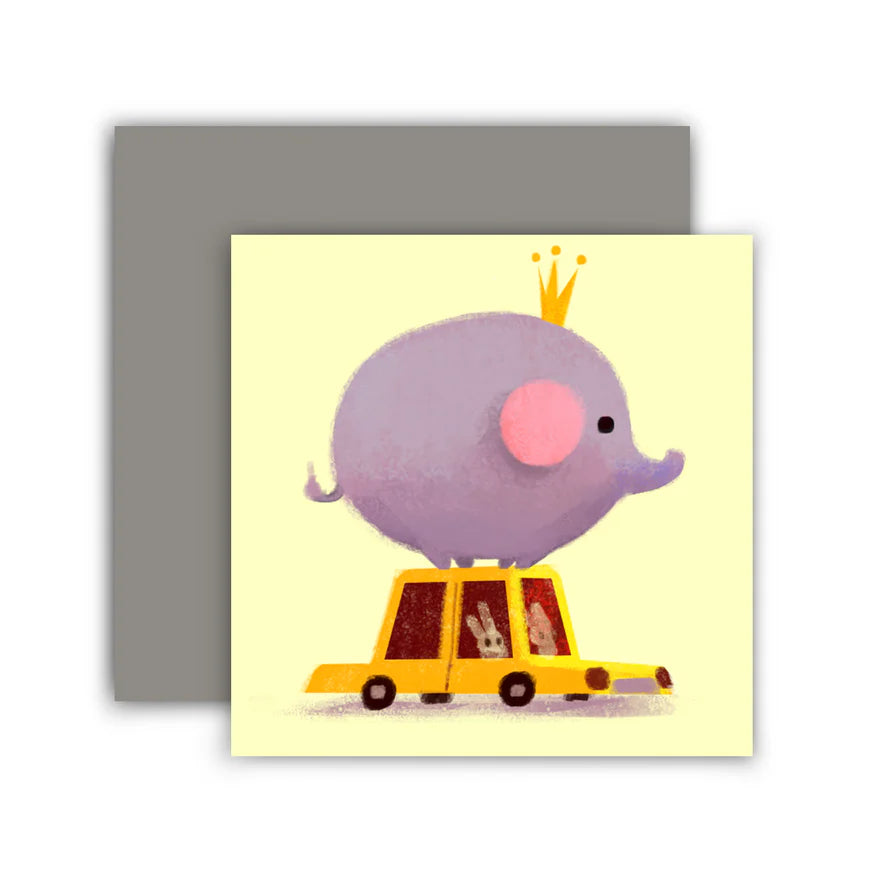 This illustration features a crowned elephant atop a taxi against a pale yellow background with a blank interior to write your own greeting.
Single card includes 1 folded card + 1 matching envelope
Blank inside
Dimensions: 2.75 x 2.75 inch
Designed and illustrated by Aggie Cheung for The Little Red House