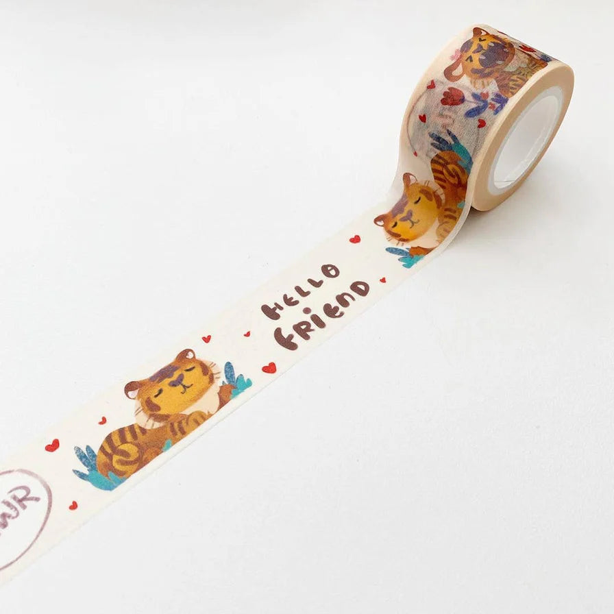 Measures: 2.5cm x 10m long
Illustration features friendly tigers and a message of "Hello Friend" against a cream background with hearts. Washi tapes are a great crafting supply for notebooks or journals, snail mail, wrapping gifts, or labeling items in your home! These are made with quality easy-to-tear washi paper and a gentle adhesive.
Designed and Illustrated by Aggie Cheung for The Little Red House
Made in Taiwan
