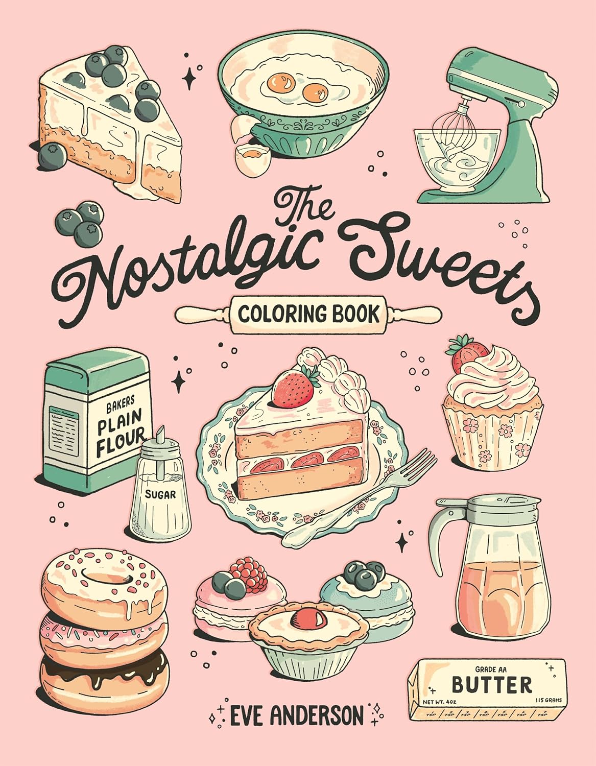 Sit back, relax, and bring your cozy bake shop dreams to life―no preheating or mixing required. With 44 pages of hand-drawn illustrations by Eve Anderson, you can color in delightful recipe compositions, standalone showstoppers, tempting culinary patterns, and sweet scenes straight from your favorite childhood memories. With a mix of treats from Americana favorites like root beer floats and peach pie to British classics and Scottish strawberry tarts.