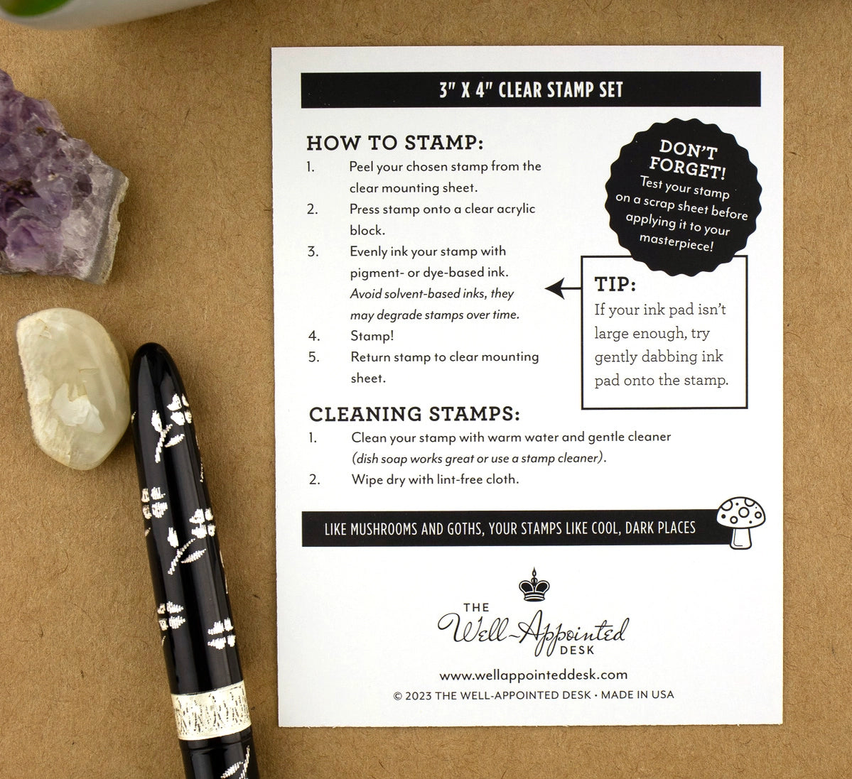 Our beloved Unfamiliars are now available as a family complete with a few new friends: Edgar the Inky Crow, a cauldron and a crystal ball. Enchant your ink swatching, journal or planner with this fantasy nibs, inks and accessories.
Stamp sizes range from 0.5" x 1" to 1"x 1.75" 6 different designs in the set