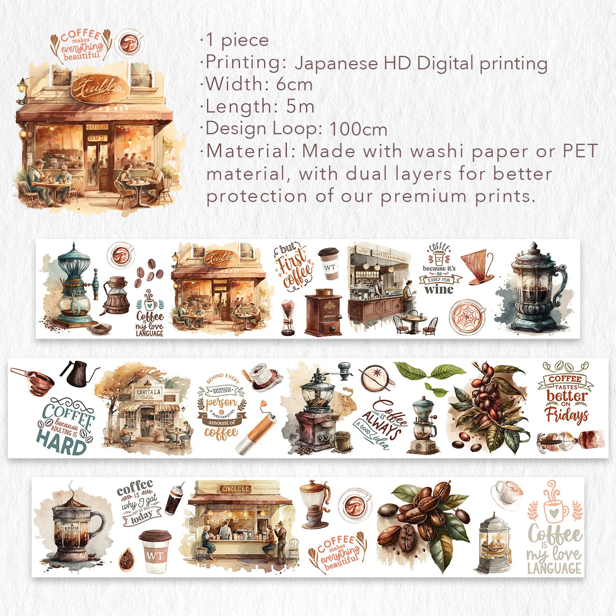 Introducing our Caffeine Canvas Washi Tape Set, a must-have for coffee lovers and craft enthusiasts alike! This set brings together the perfect blend of creativity and caffeine, featuring a delightful assortment of coffee-related designs.
Indulge your artistic side as you adorn your journals, scrapbooks, and DIY projects with these charming coffee-themed patterns. From your favorite local coffee shops to aromatic coffee beans, this set offers a range of designs that capture the essence of your favorite